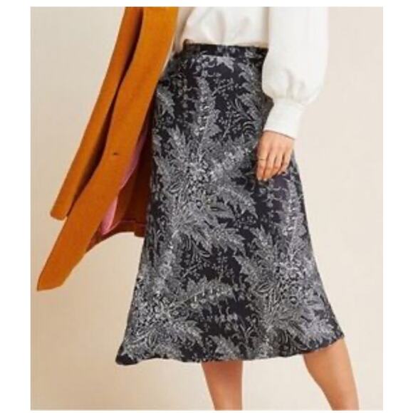 Anthropologie Bias Floral Satin Midi Black White‎ Design Long Maxi Skirt Size 10 - Picture 2 of 6